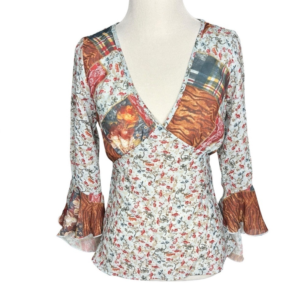 Y2K 2000s Patchwork Mixed Print V Neck Bell Sleeve Blouse Size Medium USA